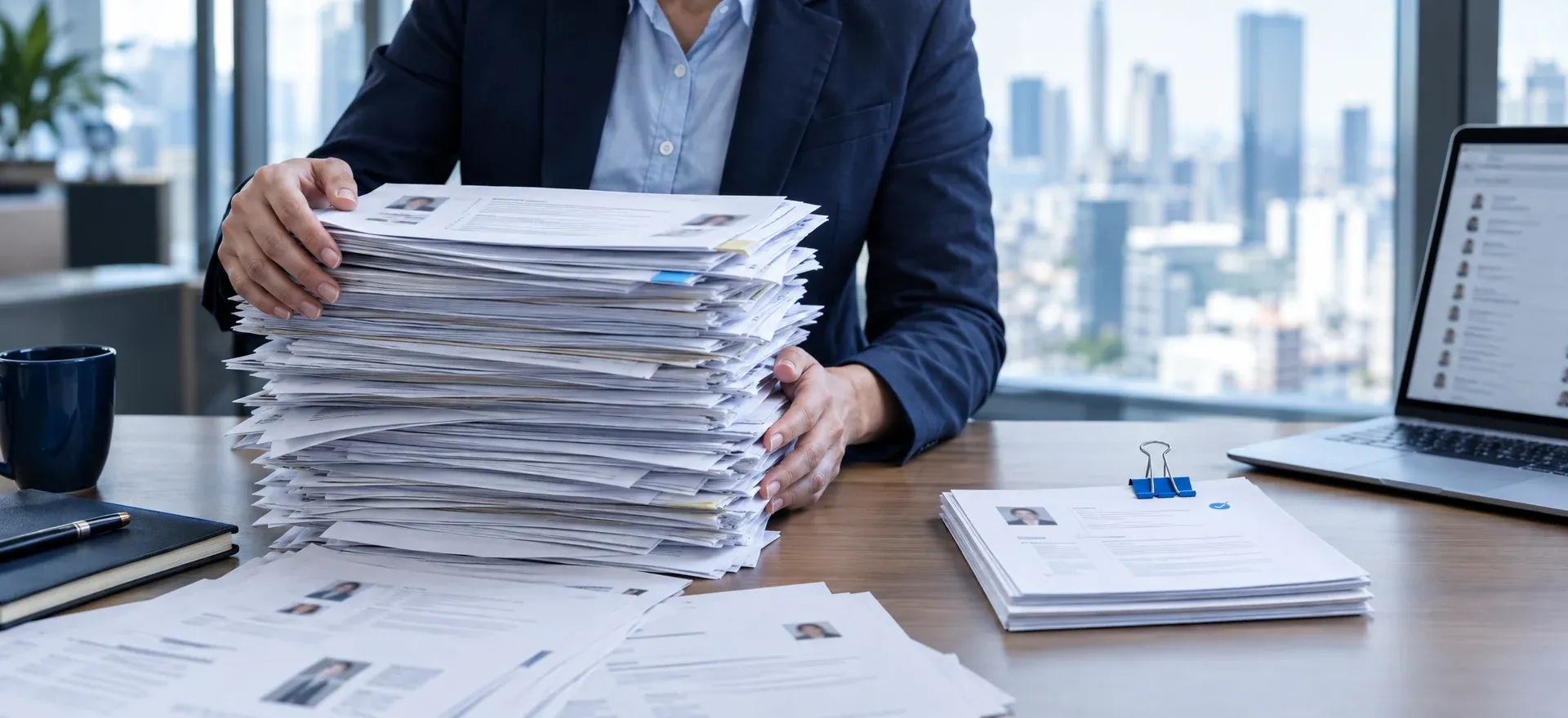 Recruiter at an office desk holding a tall stack of printed job applications, with a small clipped pile of shortlisted resumes set apart