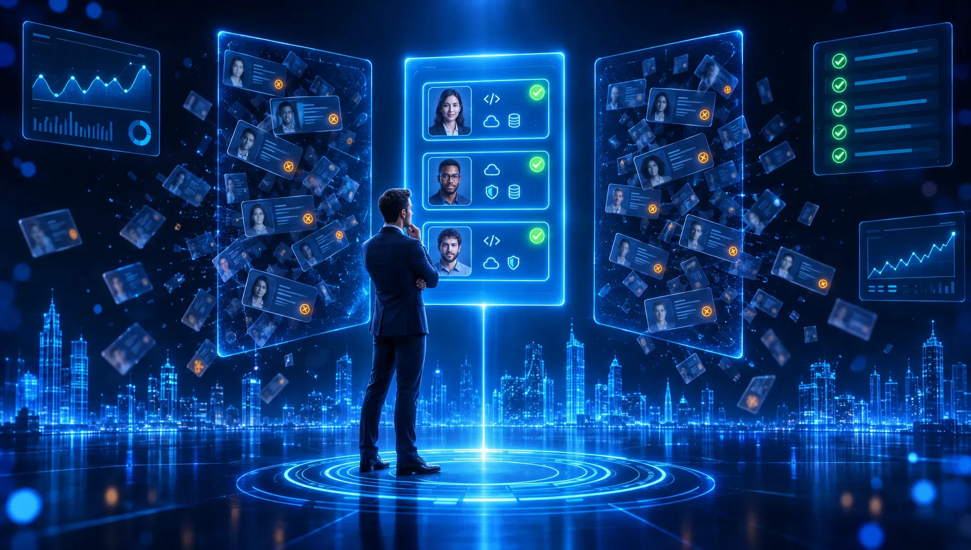 Hiring leader comparing staffing partners: two spill piles of unsuitable resumes, one delivers three verified tech candidates